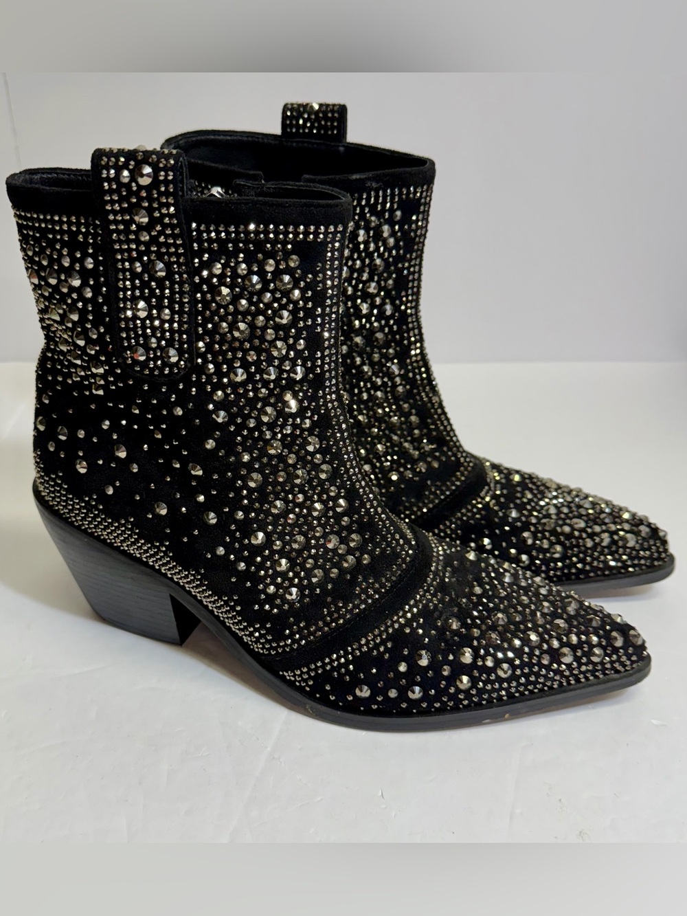 ISNOM Woman’s Black Rhinestone Cowboy Ankle Boots Pointed Toe Western Block Heel